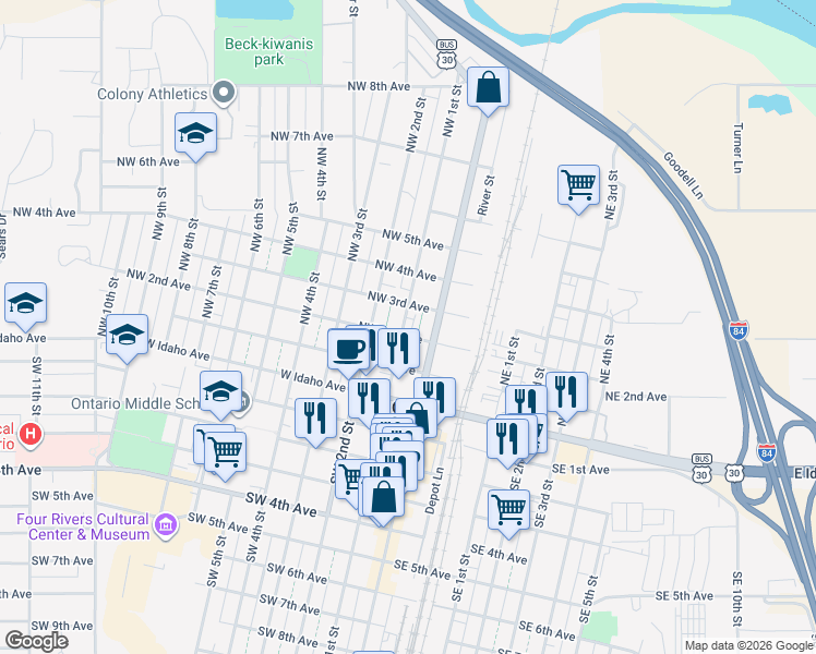 map of restaurants, bars, coffee shops, grocery stores, and more near 170 Northwest 3rd Avenue in Ontario