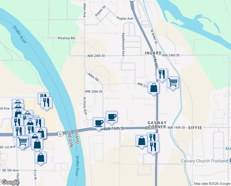 map of restaurants, bars, coffee shops, grocery stores, and more near 1311 1/2 Northwest 19th Street in Fruitland