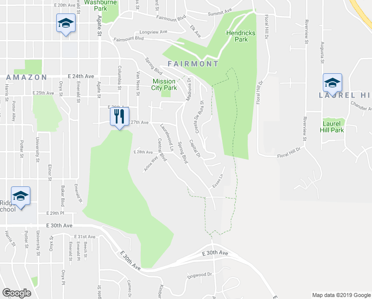 map of restaurants, bars, coffee shops, grocery stores, and more near 2766 Spring Boulevard in Eugene