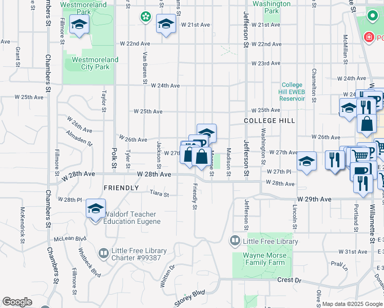 map of restaurants, bars, coffee shops, grocery stores, and more near 2655 Adams Street in Eugene