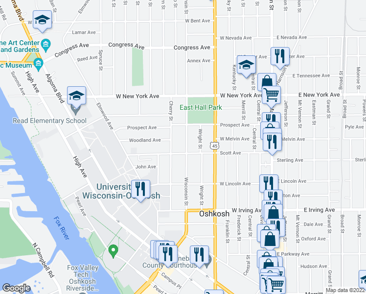 map of restaurants, bars, coffee shops, grocery stores, and more near 1002 Wisconsin Street in Oshkosh