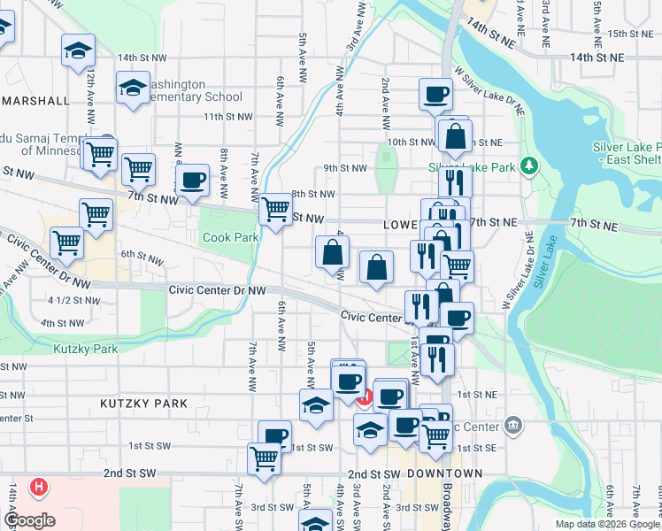 map of restaurants, bars, coffee shops, grocery stores, and more near 532 6th Street Northwest in Rochester