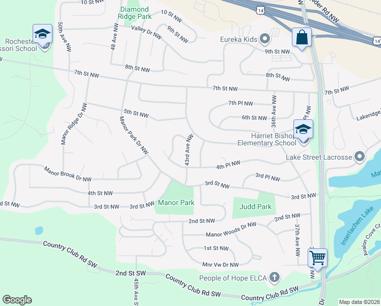 map of restaurants, bars, coffee shops, grocery stores, and more near 426 43rd Avenue Northwest in Rochester
