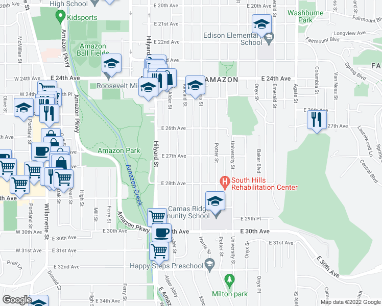map of restaurants, bars, coffee shops, grocery stores, and more near 943 East 27th Avenue in Eugene