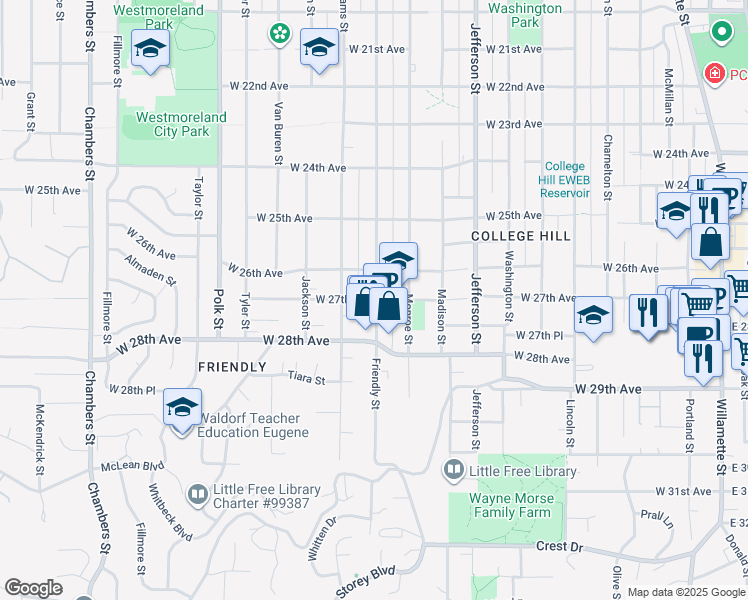 map of restaurants, bars, coffee shops, grocery stores, and more near 852 West 27th Avenue in Eugene