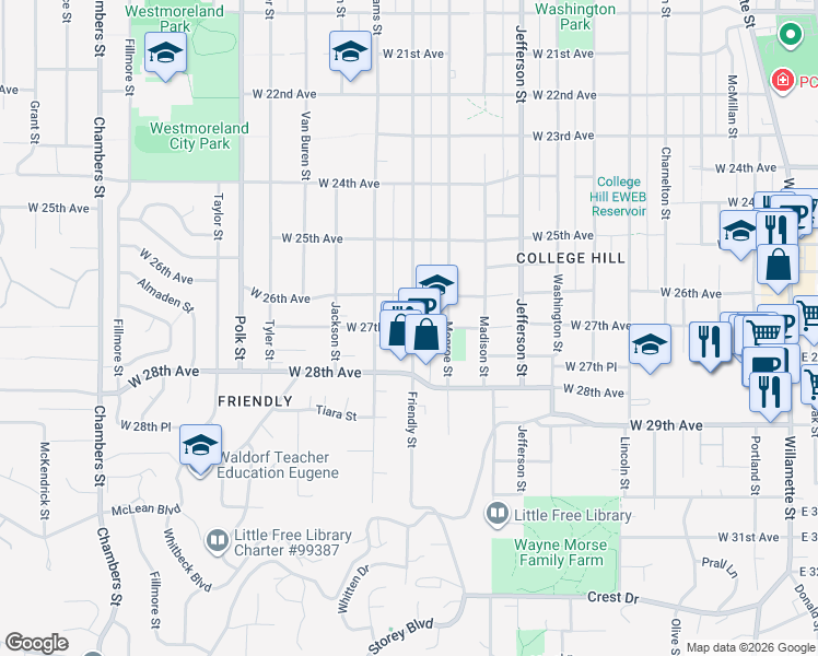 map of restaurants, bars, coffee shops, grocery stores, and more near 854 West 27th Avenue in Eugene