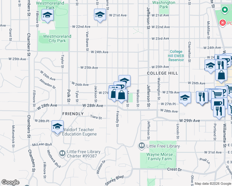 map of restaurants, bars, coffee shops, grocery stores, and more near 856 West 27th Avenue in Eugene