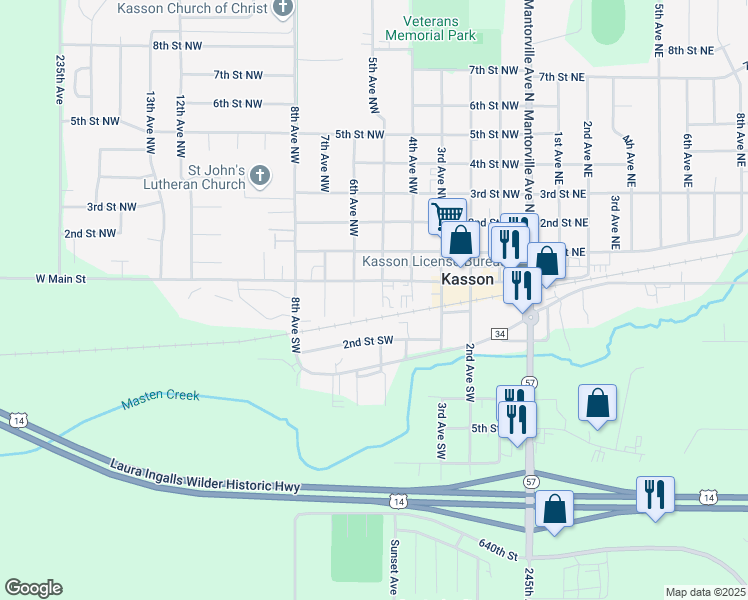 map of restaurants, bars, coffee shops, grocery stores, and more near 105 5th Avenue Southwest in Kasson