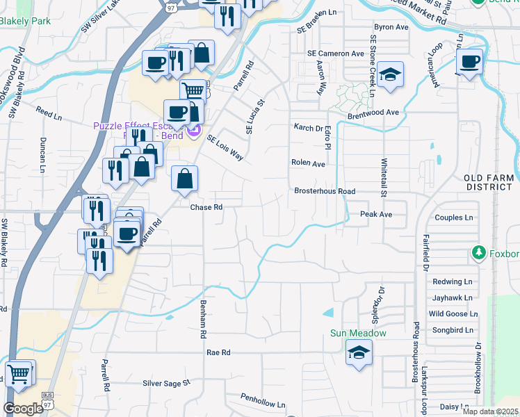map of restaurants, bars, coffee shops, grocery stores, and more near 61357 Southeast Matthew Street in Bend