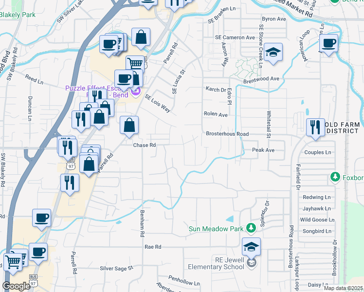 map of restaurants, bars, coffee shops, grocery stores, and more near 61377 Southeast Matthew Street in Bend