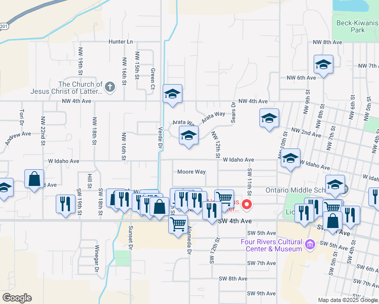 map of restaurants, bars, coffee shops, grocery stores, and more near 1297 West Idaho Avenue in Ontario