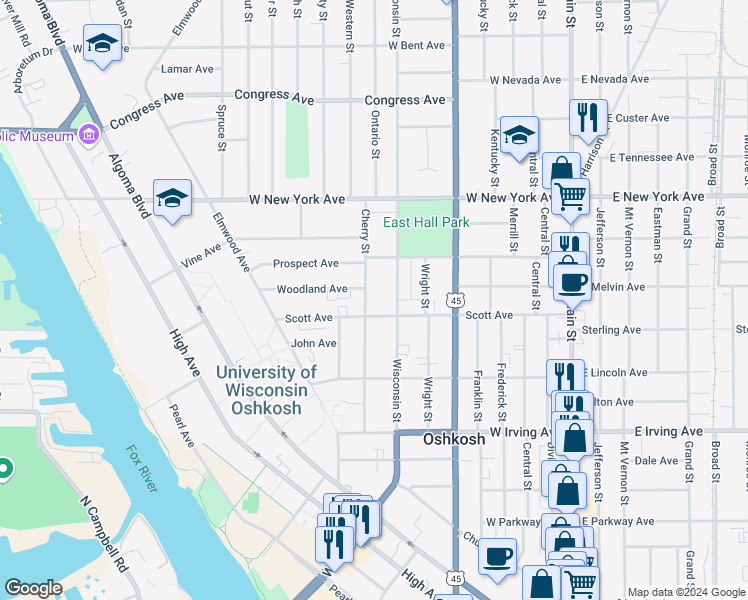 map of restaurants, bars, coffee shops, grocery stores, and more near 914 Cherry Street in Oshkosh