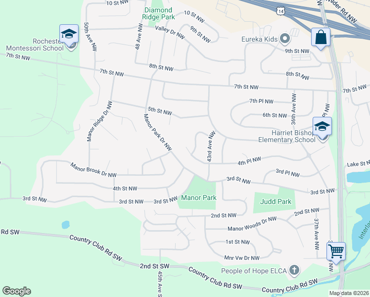 map of restaurants, bars, coffee shops, grocery stores, and more near 4430 4th Place Northwest in Rochester