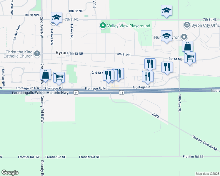 map of restaurants, bars, coffee shops, grocery stores, and more near 509 Frontage Road Northeast in Byron