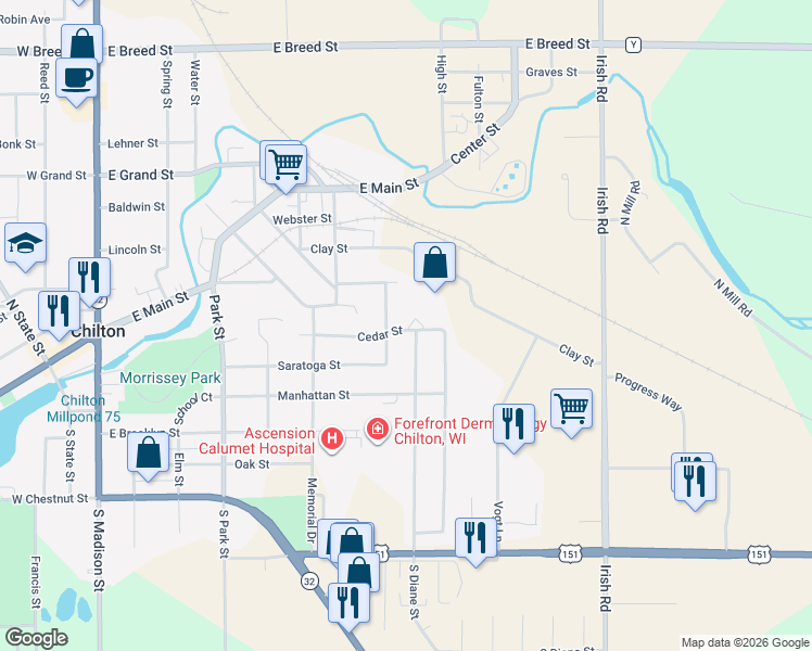map of restaurants, bars, coffee shops, grocery stores, and more near 490 Cedar Street in Chilton