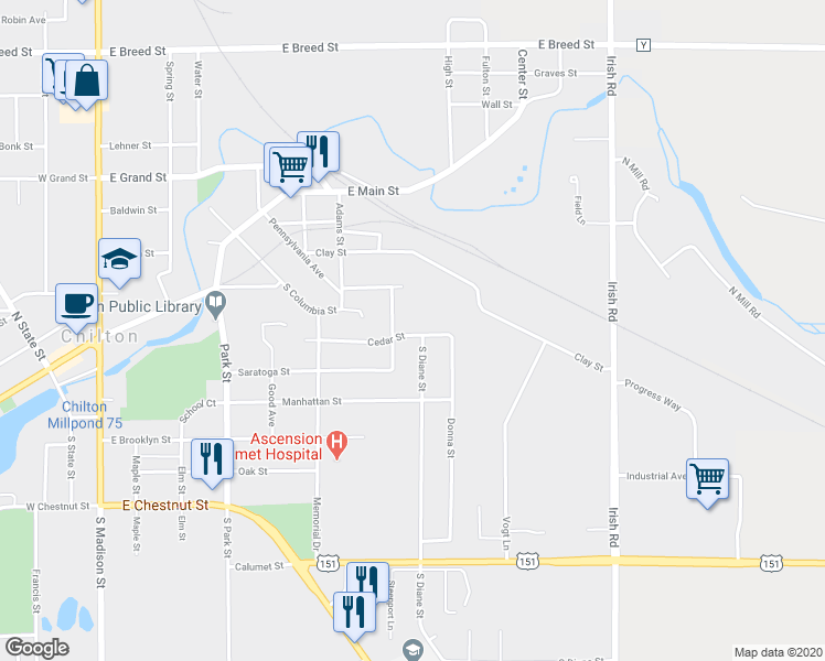 map of restaurants, bars, coffee shops, grocery stores, and more near 490 Cedar Street in Chilton