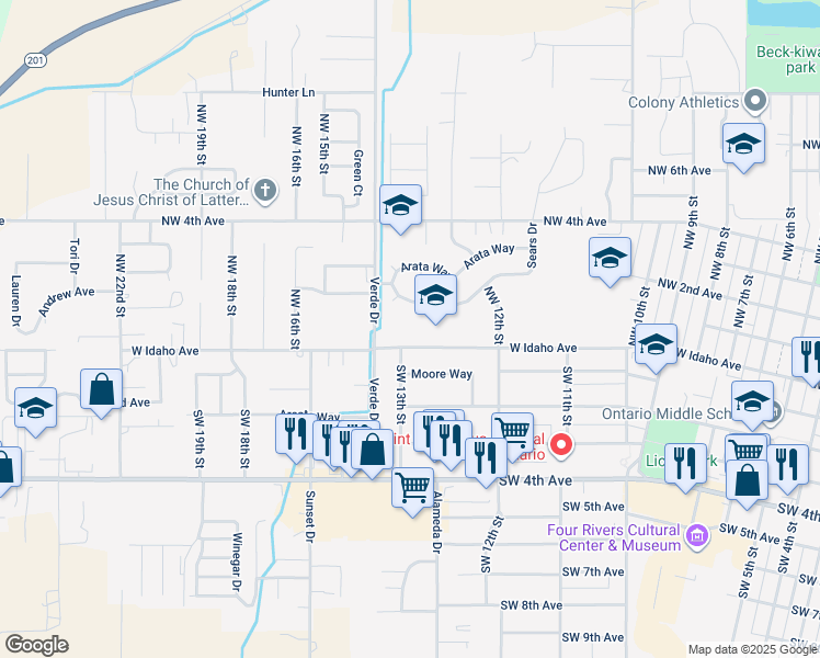 map of restaurants, bars, coffee shops, grocery stores, and more near 1297 West Idaho Avenue in Ontario