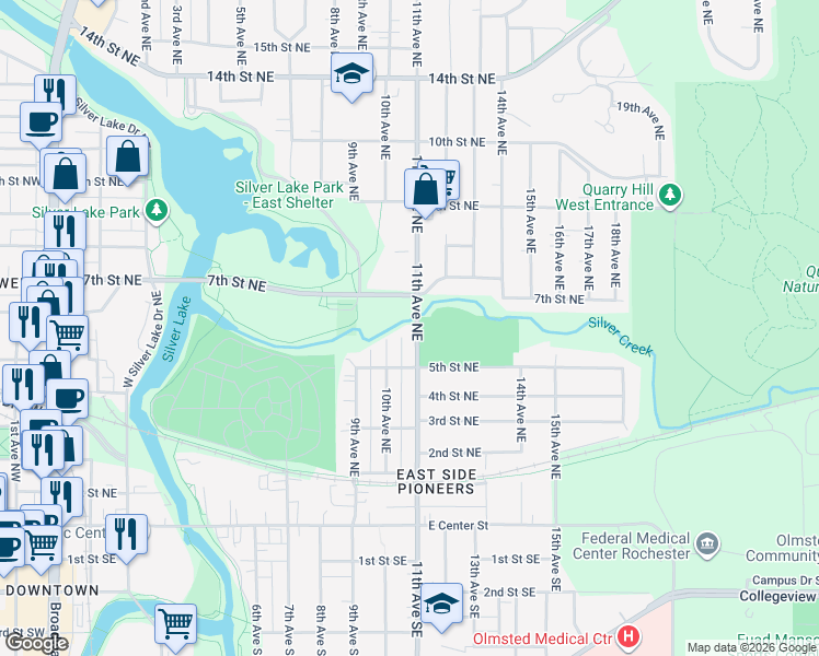 map of restaurants, bars, coffee shops, grocery stores, and more near 607 11th Avenue Northeast in Rochester