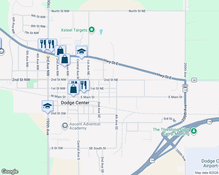 map of restaurants, bars, coffee shops, grocery stores, and more near 124 3rd Avenue Northeast in Dodge Center