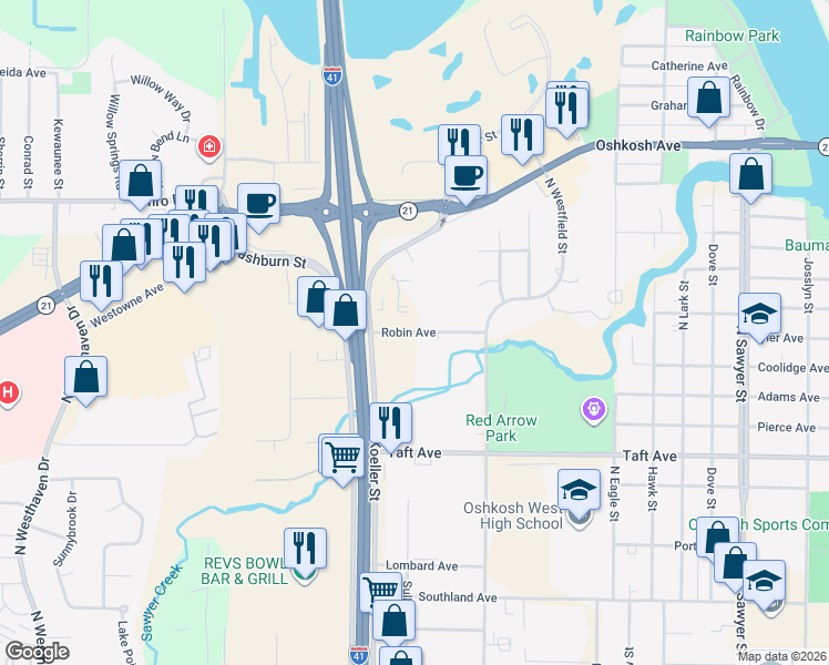 map of restaurants, bars, coffee shops, grocery stores, and more near 1740 Robin Avenue in Oshkosh