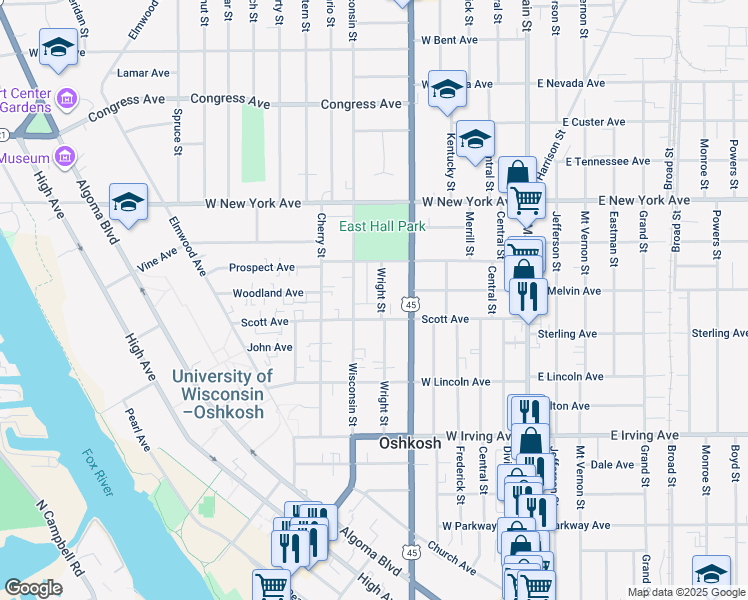 map of restaurants, bars, coffee shops, grocery stores, and more near 928 Wright Street in Oshkosh