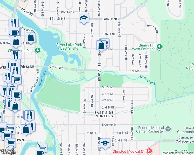 map of restaurants, bars, coffee shops, grocery stores, and more near 607 11th Avenue Northeast in Rochester