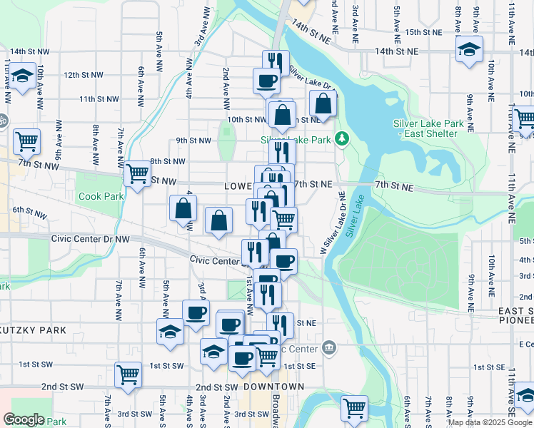 map of restaurants, bars, coffee shops, grocery stores, and more near 538 North Broadway Avenue in Rochester