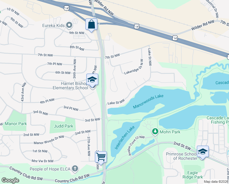 map of restaurants, bars, coffee shops, grocery stores, and more near 516 Panorama Circle Northwest in Rochester