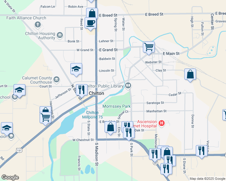 map of restaurants, bars, coffee shops, grocery stores, and more near 57 East Main Street in Chilton