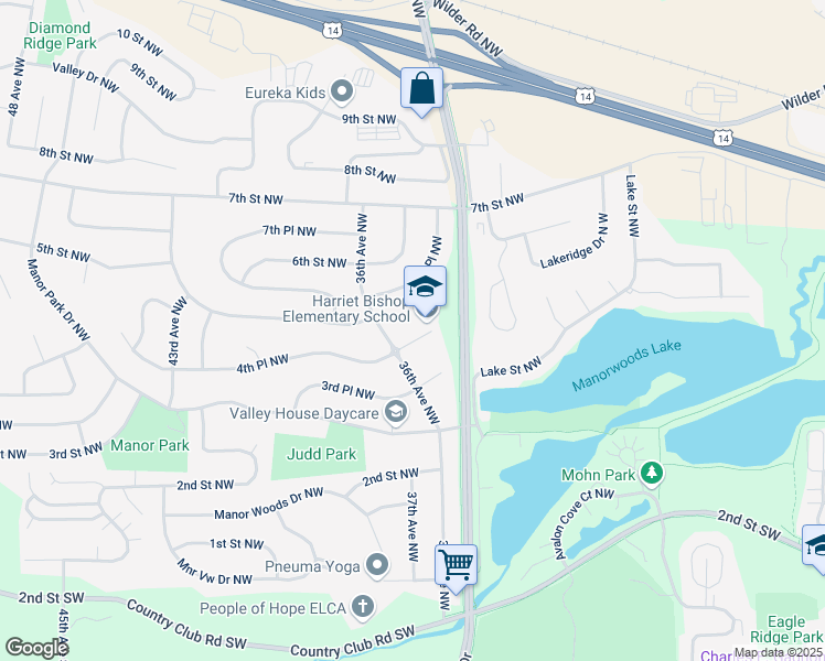 map of restaurants, bars, coffee shops, grocery stores, and more near 406 36th Avenue Northwest in Rochester