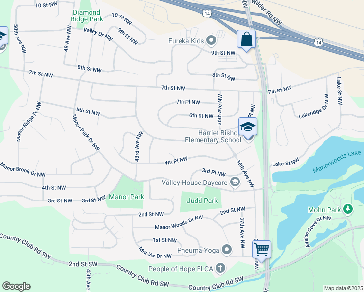 map of restaurants, bars, coffee shops, grocery stores, and more near 3935 5th Street Northwest in Rochester
