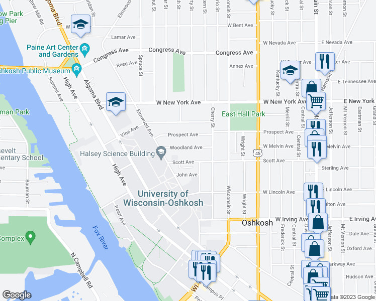 map of restaurants, bars, coffee shops, grocery stores, and more near 751 Woodland Avenue in Oshkosh