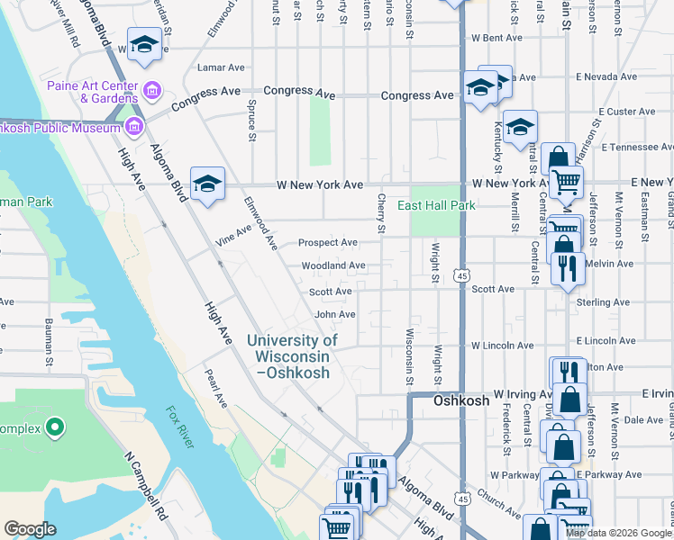 map of restaurants, bars, coffee shops, grocery stores, and more near 751 Woodland Avenue in Oshkosh