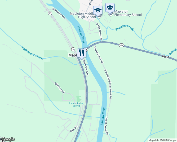map of restaurants, bars, coffee shops, grocery stores, and more near 87843 Riverview Avenue in Mapleton
