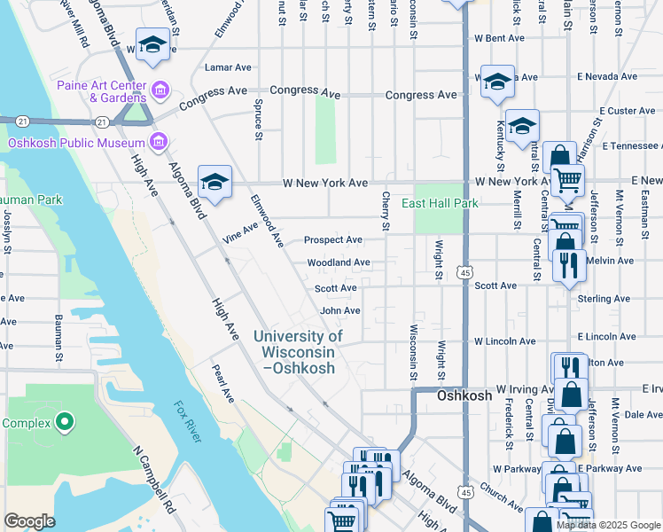 map of restaurants, bars, coffee shops, grocery stores, and more near 818 Woodland Avenue in Oshkosh