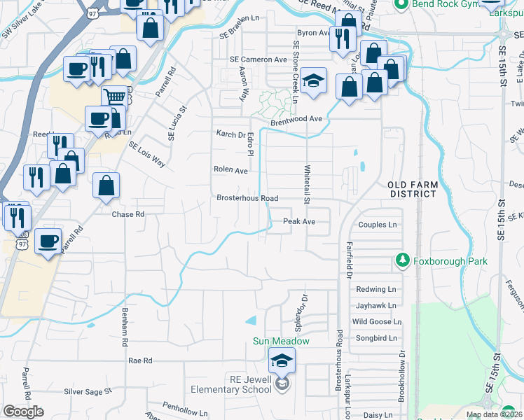 map of restaurants, bars, coffee shops, grocery stores, and more near 61394 Franke Lane in Bend
