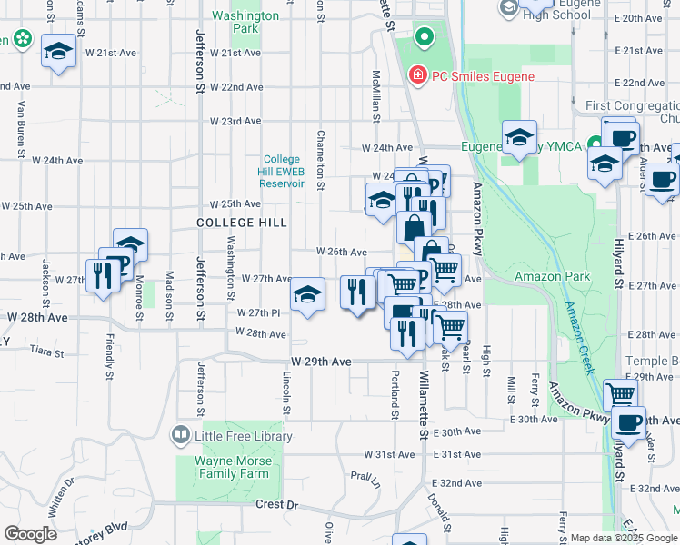 map of restaurants, bars, coffee shops, grocery stores, and more near 2655 Olive Street in Eugene