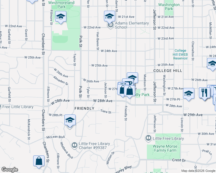 map of restaurants, bars, coffee shops, grocery stores, and more near 2625 Jackson Street in Eugene
