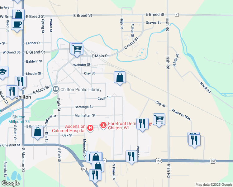 map of restaurants, bars, coffee shops, grocery stores, and more near 490 Cedar Street in Chilton