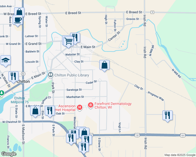 map of restaurants, bars, coffee shops, grocery stores, and more near 490 Cedar Street in Chilton