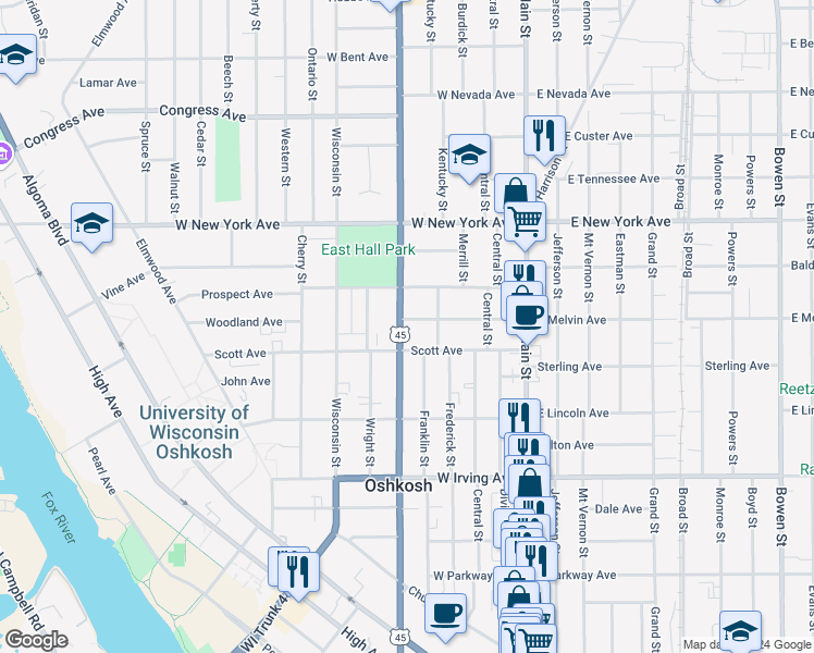 map of restaurants, bars, coffee shops, grocery stores, and more near 320 West Melvin Avenue in Oshkosh