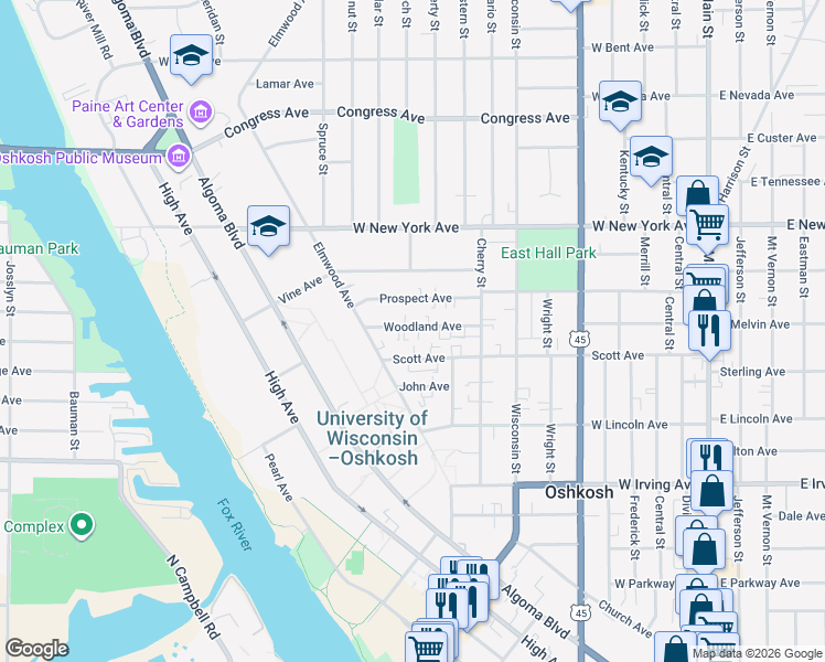 map of restaurants, bars, coffee shops, grocery stores, and more near 818 Woodland Avenue in Oshkosh