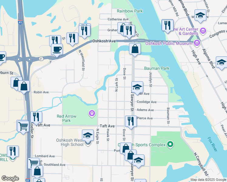 map of restaurants, bars, coffee shops, grocery stores, and more near 936 Hawk Street in Oshkosh