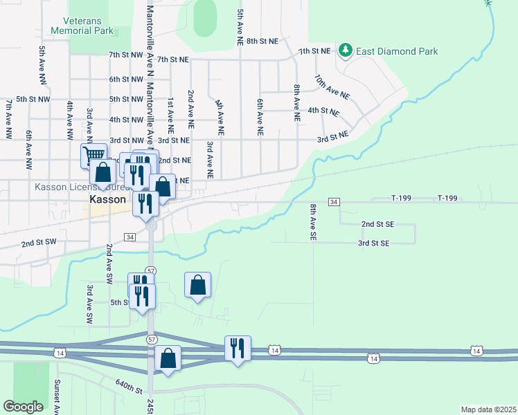 map of restaurants, bars, coffee shops, grocery stores, and more near 43 County Highway 34 in Kasson