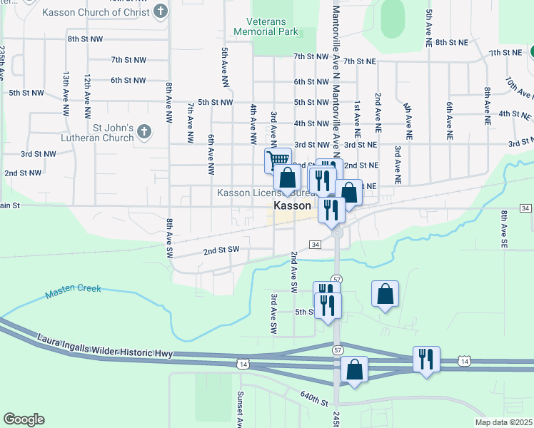 map of restaurants, bars, coffee shops, grocery stores, and more near 304 West Main Street in Kasson