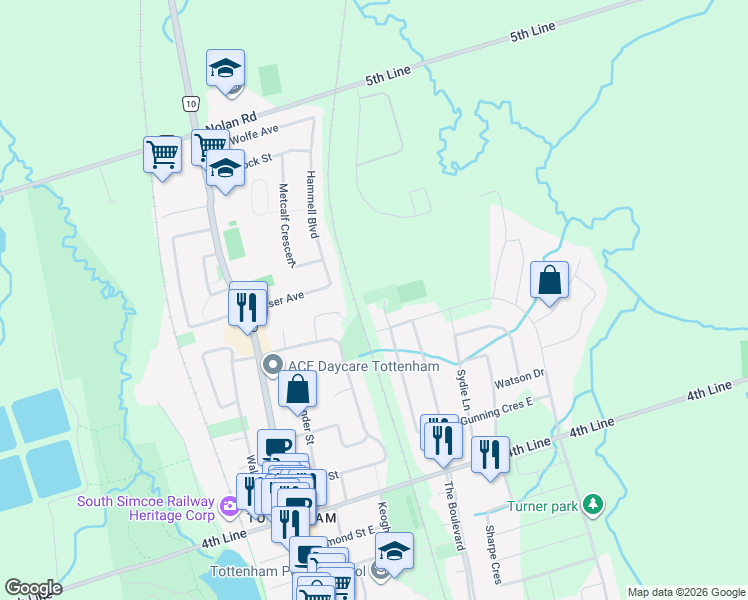 map of restaurants, bars, coffee shops, grocery stores, and more near 140 Gunning Crescent in New Tecumseth