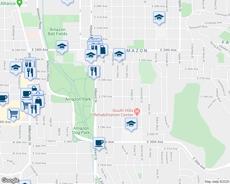 map of restaurants, bars, coffee shops, grocery stores, and more near 2679 Kincaid Street in Eugene