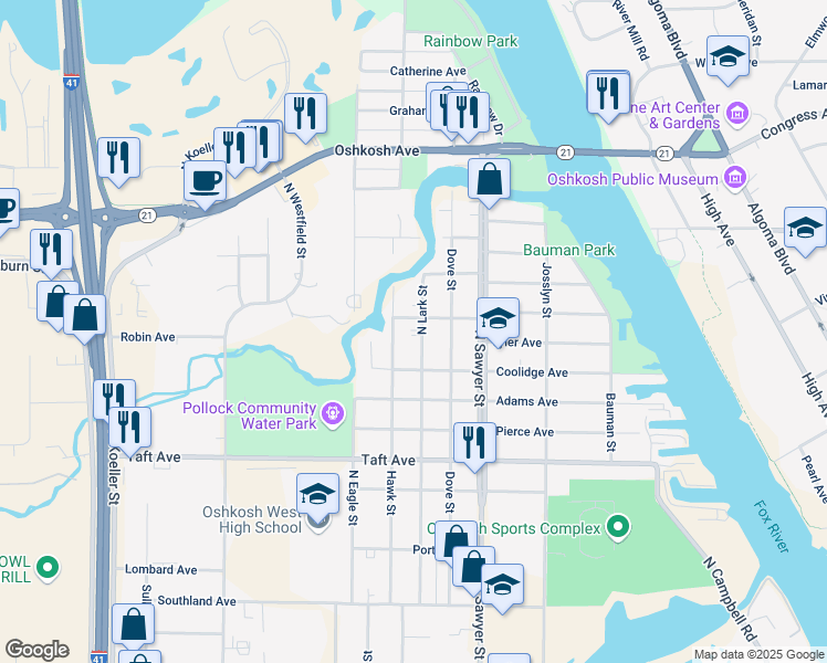 map of restaurants, bars, coffee shops, grocery stores, and more near 936 Hawk Street in Oshkosh