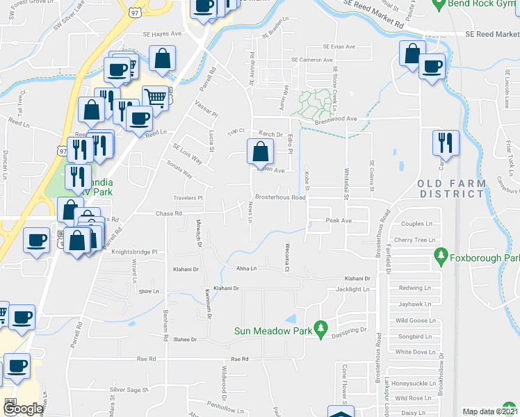 map of restaurants, bars, coffee shops, grocery stores, and more near 61390 News Lane in Bend