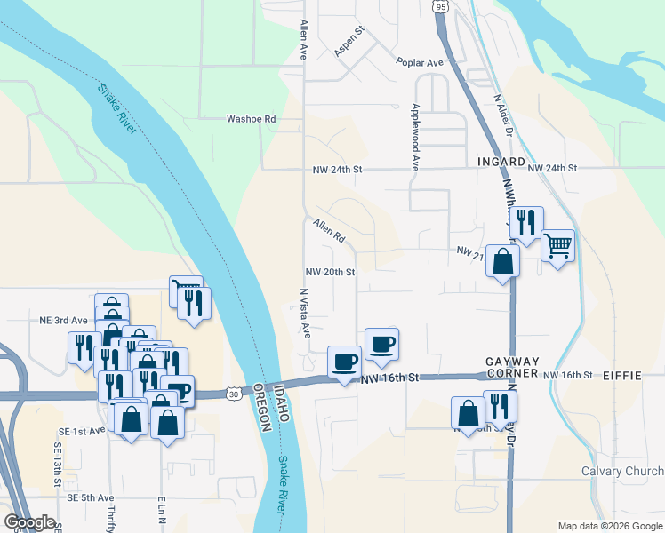 map of restaurants, bars, coffee shops, grocery stores, and more near 1501 Northwest 20th Street in Fruitland